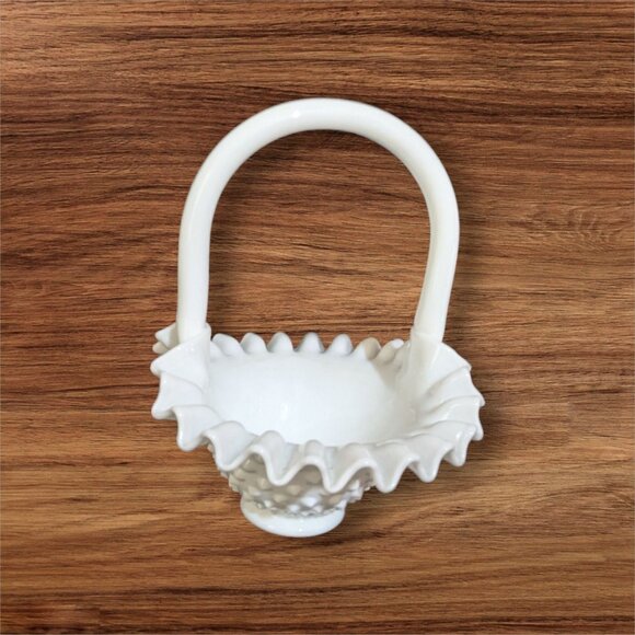 Vintage Fenton Hobnail Milk Glass Basket with Ruffled Edge - Picture 2 of 6